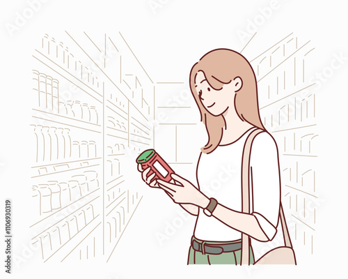 Happy woman looking at product at grocery store. Hand drawn style vector design illustrations.