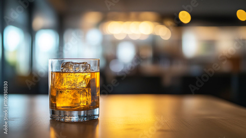 Whiskey glass with ice on a wooden table in a cozy indoor setting