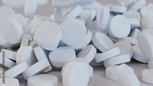 White pills fall and spin on a white surface. 3d illustration