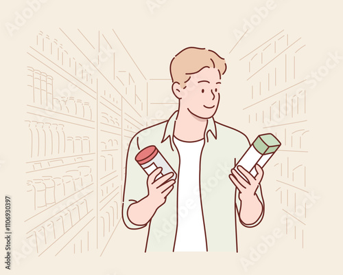 Happy man looking at product at grocery store. Hand drawn style vector design illustrations.