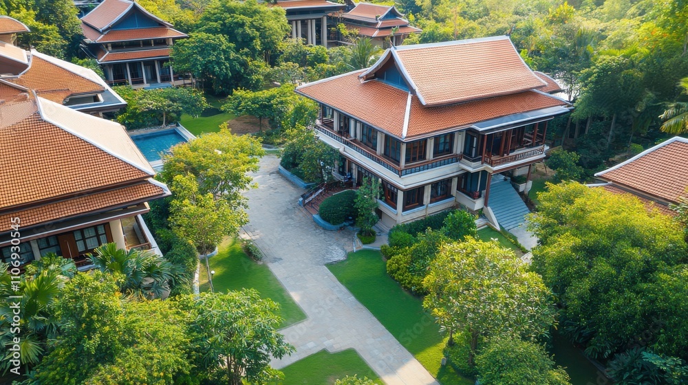Scenic Aerial View of Traditional Asian Architecture