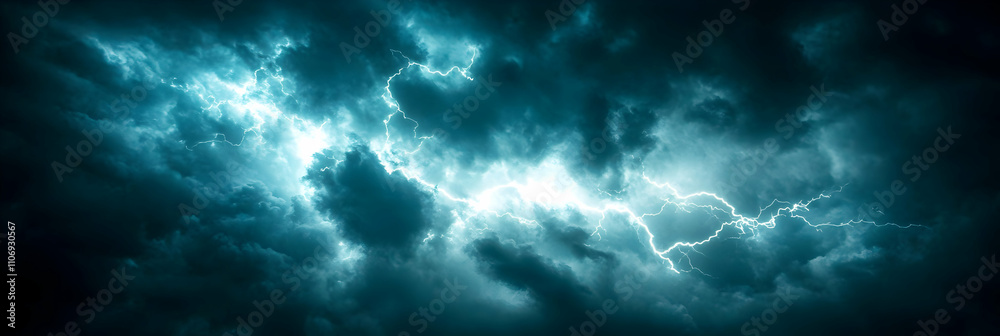 Dramatic Teal Lightning Strikes Through Dark Storm Clouds, Intense Abstract Background Image Dramatic Teal Lightning Strikes Through Dark Storm Clouds, Intense Abstract Background Image