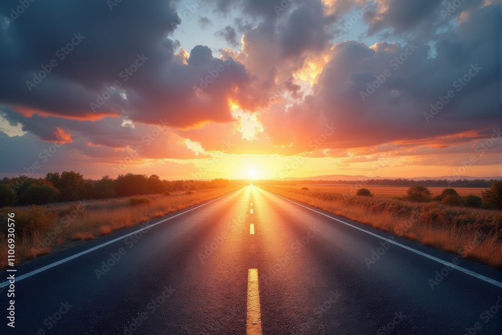 Fototapeta premium A straight road leading towards a vibrant sunset, symbolizing the journey ahead.