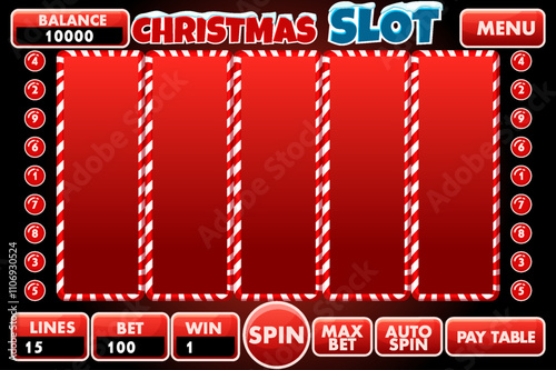 Casino slot machine, game UI design, gambling mobile app concept for the Christmas or candy themed Casino Game. The Christmas slot game user interface with basic buttons in red color