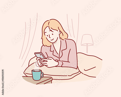 Young girl lying in bed with smartphone. Hand drawn style vector design illustrations.