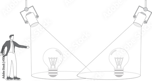 Businessman with spotlight and spotlit idea light bulb