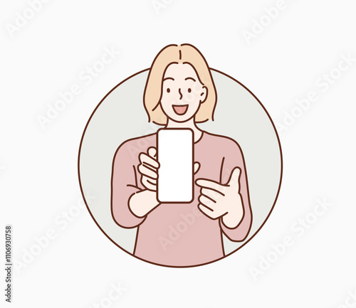 Woman with smartphone in hand show empty display. Hand drawn style vector design illustrations.