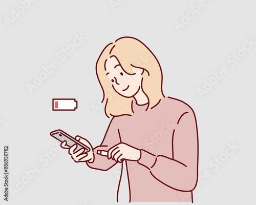A woman plugs in her smartphone to charge it after noticing the red low battery indicator. Hand drawn style vector design illustrations.