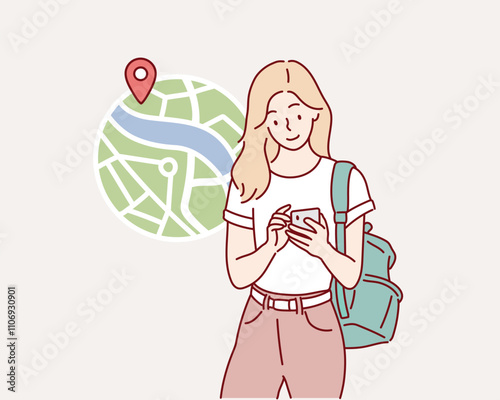Hand holding mobile phone and searching route and location with GPS map app. Person use smartphone screen with navigator application. Hand drawn style vector