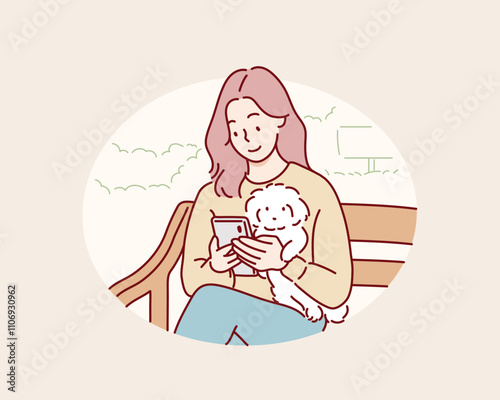A woman using his smartphone in the park while sitting with his dog. Hand drawn style vector design illustrations.