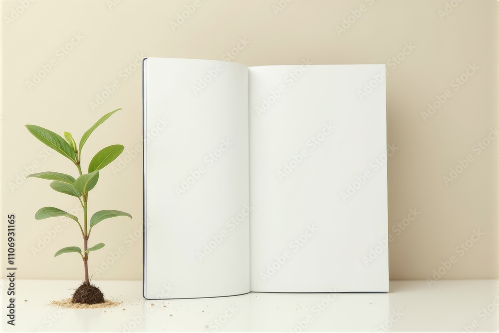 A minimalist workspace with a notebook, pen, and two white vases with flowers against a white wall. A minimalist workspace with a notebook, pen, and two white vases with flowers against a white wall.