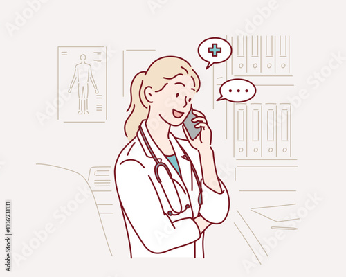  happy doctor talking on smartphone at doctor's office. Hospital, medicine, healthcare and communication. Hand drawn style vector design illustrations.