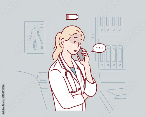 Exhausted medical doctor suffering from burnout and feeling tired while making a phone call. Hand drawn style vector design illustrations.