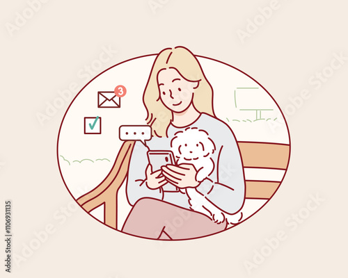 A woman using his smartphone in the park while sitting with his dog. Hand drawn style vector design illustrations.