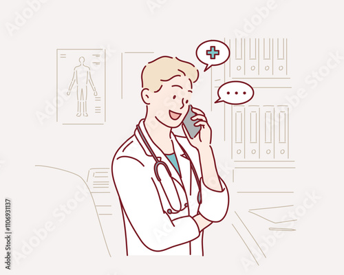  happy doctor talking on smartphone at doctor's office. Hospital, medicine, healthcare and communication. Hand drawn style vector design illustrations.