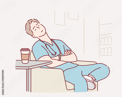Tired doctor sleeps sitting in a chair after a hard working day. Stress and tired of medical professionals, staff. Overtime work.  Hand drawn style vector design illustrations.