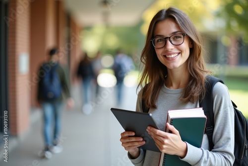 Happy Student Holding Tablet And Books On Campus