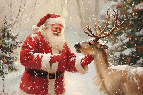 A vintage oil painting of Santa Claus petting a reindeer, with snow falling on a pine forest, classic red suit, jolly expression, surrounded by festive Christmas colors 5
