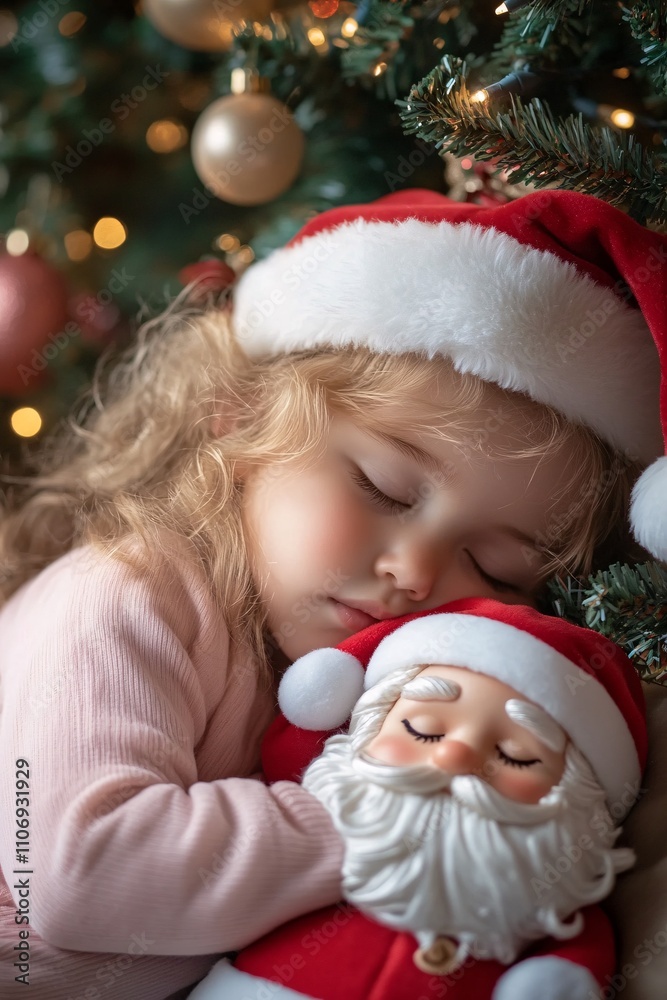A sleepy child in soft pink pajamas cuddling a Santa toy beside a tall Christmas tree decorated with ribbons, evening ambiance, warm tones, medium shot 1 A sleepy child in soft pink pajamas cuddling a Santa toy beside a tall Christmas tree decorated with ribbons, evening ambiance, warm tones, medium shot 1