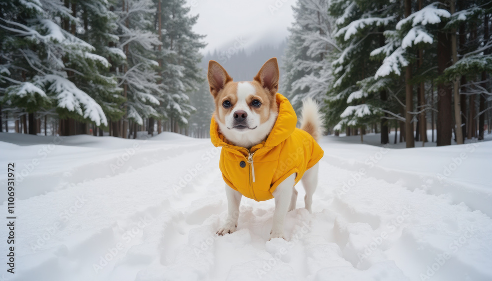 Chihuahua in yellow jacket in snowy forest scene Chihuahua in yellow jacket in snowy forest scene