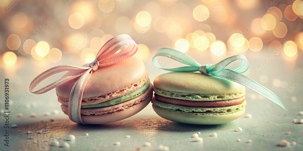 Flat Style Low Light Illustration of Two Macaroons Elegantly Tied with a Bow, Perfect for a Sweet Gift Presentation in a Soft, Dreamy Atmosphere Flat Style Low Light Illustration of Two Macaroons Elegantly Tied with a Bow, Perfect for a Sweet Gift Presentation in a Soft, Dreamy Atmosphere