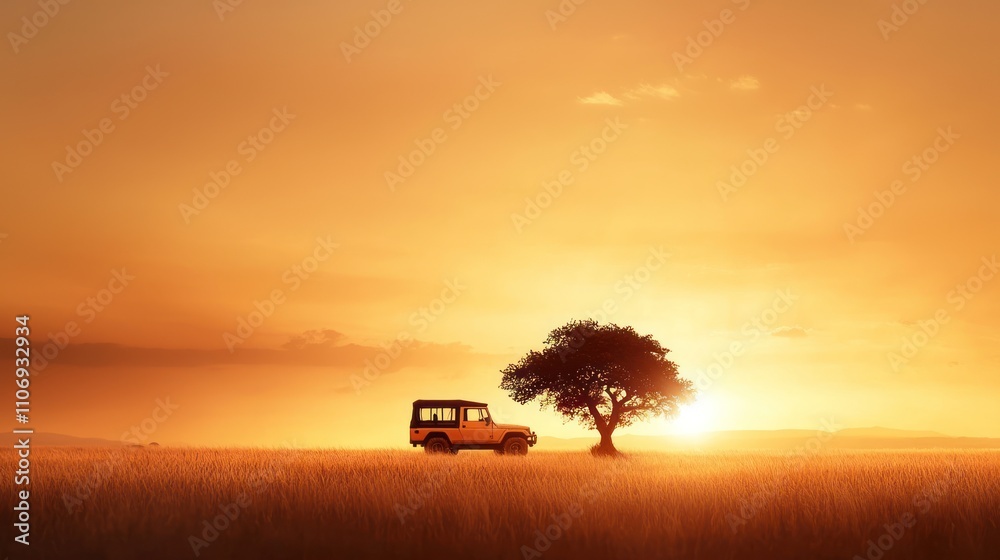 Fototapeta premium A serene sunset landscape featuring a lone tree and a vehicle, creating a peaceful, adventurous atmosphere.