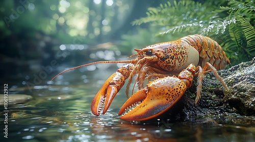 A colorful lobster crawls along the riverbed, surrounded by lush greenery, showcasing its detailed claws and vibrant colors in a serene aquatic environment. photo