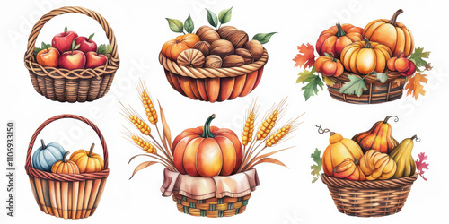 Autumn harvest with pumpkins, apples, and colorful leaves in a basket for Thanksgiving and Halloween celebrations