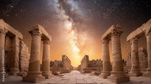 A stunning view of ancient ruins under a starry sky, showcasing tall columns and the Milky Way, blending history with celestial beauty.