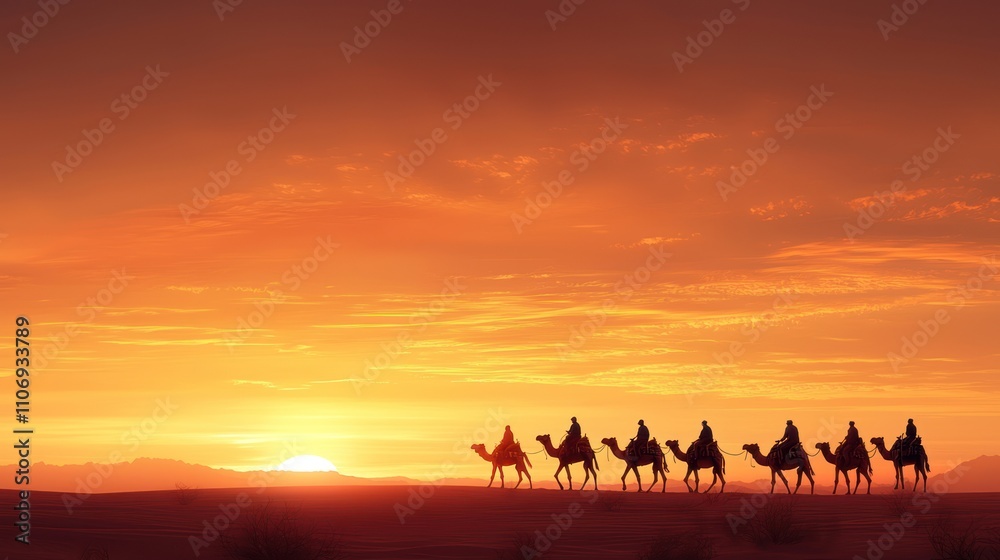 A serene desert sunset with silhouetted camels and travelers, capturing a moment of tranquility and adventure. A serene desert sunset with silhouetted camels and travelers, capturing a moment of tranquility and adventure.
