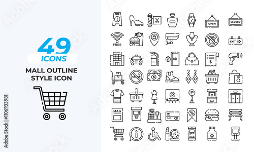 Mall Outline style icon Set Layout Vector Template. Vector illustration in line style of icons