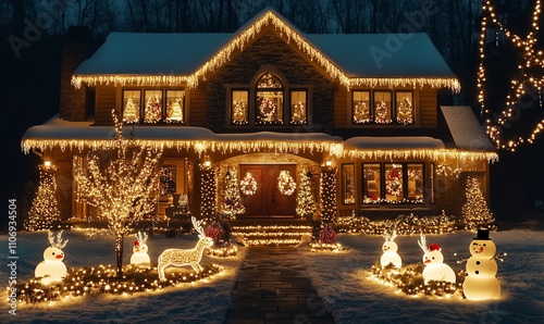 A beautifully decorated house for the holiday season at night.