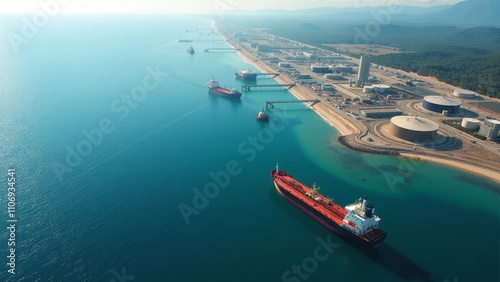 Coastal Aerial View Featuring Oil Tankers and Industrial Storage Facilities
