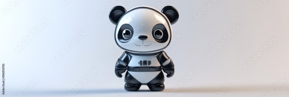 A cute, stylized panda character designed with a futuristic, robotic appearance. A cute, stylized panda character designed with a futuristic, robotic appearance.