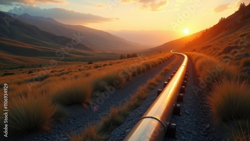 Beautiful golden hour view of an oil pipeline meandering through a valley, harmoniously blending with the surrounding landscape