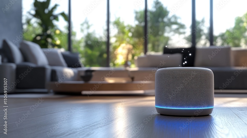 Smart speaker on wooden floor in modern living room. Smart speaker on wooden floor in modern living room.