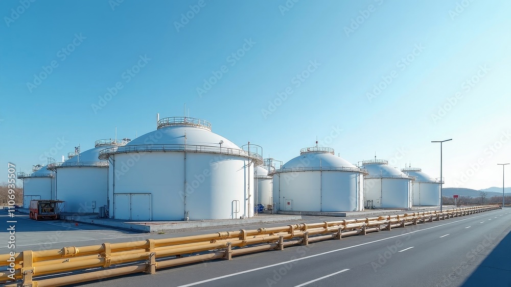 LNG storage facility featuring spherical tanks surrounded by safety barriers under a clear blue sky