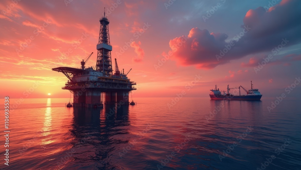 Stunning sunset view of offshore gas drilling platform with vessels reflecting on calm waters Stunning sunset view of offshore gas drilling platform with vessels reflecting on calm waters