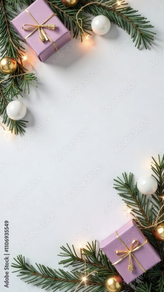 White Christmas background with fir branches and pink, silver, gold decorations, copy space in the middle. Mockup design of New Year card. Top view of garland lights, gift boxes and balls. Text place White Christmas background with fir branches and pink, silver, gold decorations, copy space in the middle. Mockup design of New Year card. Top view of garland lights, gift boxes and balls. Text place