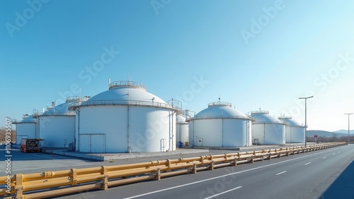 LNG storage facility featuring spherical tanks surrounded by safety barriers under a clear blue sky