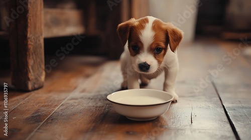 A small brown and white dog is drinking milk from a white bowl