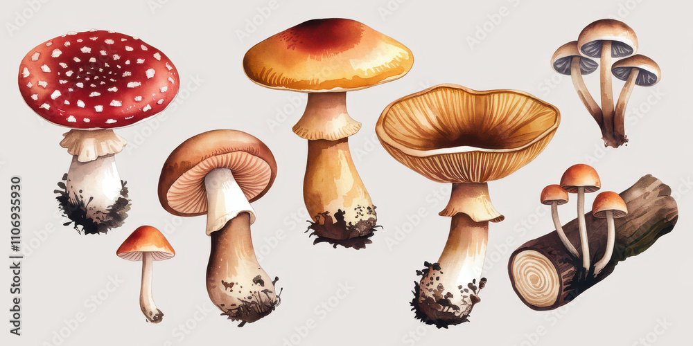 Illustration of a set of fresh, edible mushrooms including boletus and cep, isolated on a white background, showcasing their natural, organic, and healthy qualities Illustration of a set of fresh, edible mushrooms including boletus and cep, isolated on a white background, showcasing their natural, organic, and healthy qualities