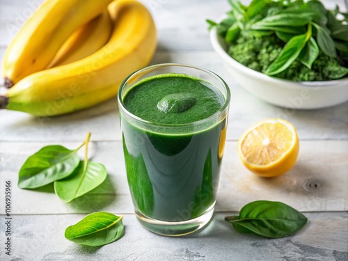 Fresh Green Smoothie with Spirulina and Chlorella in a Minimalist Setting, Showcasing Vibrant Colors and Clean Lines for Healthy Lifestyle Imagery