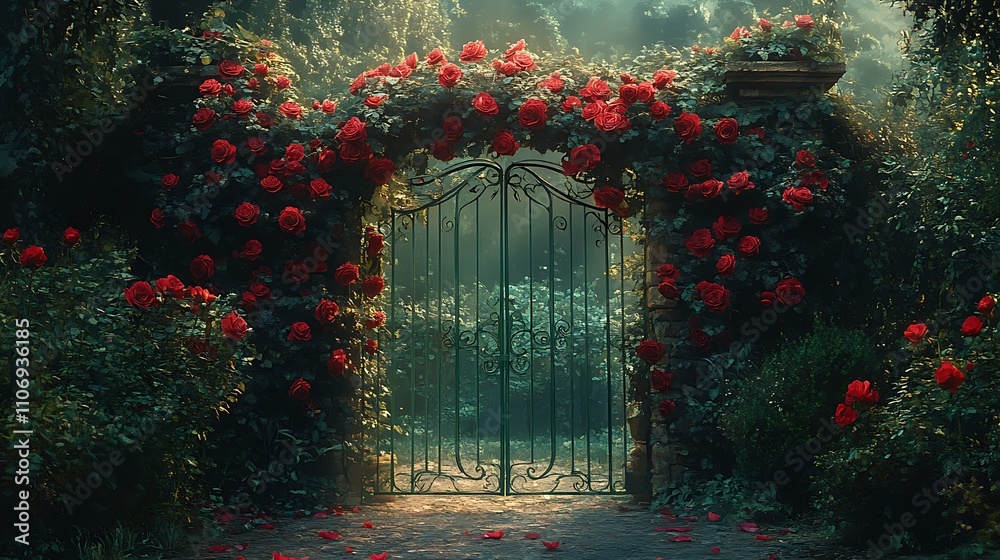 Naklejka premium A charming mint-green wrought-iron gate, covered in blooming red and pink climbing roses, surrounded by lush greenery, the scene illuminated by soft natural light,