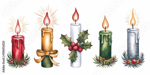 Christmas Candle with Decorations and Holly photo