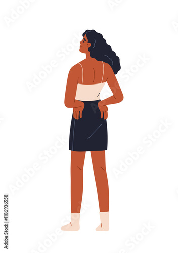 Calm woman standing, back view. Female in reflective pose with closed eyes, hands on hips. Meditative peaceful serene girl, contemplation. Flat vector illustration isolated on white background