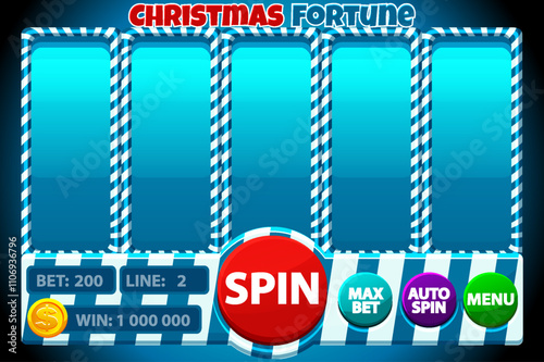 Casino slot machine in blue color, game UI design, gambling mobile app concept for the Christmas or candy themed Casino Game. The Christmas slot game user interface with basic buttons