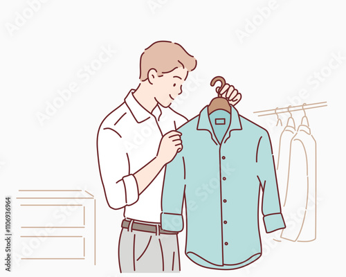 Man looks for clothes at fashion shop. Hand drawn style vector design illustrations.