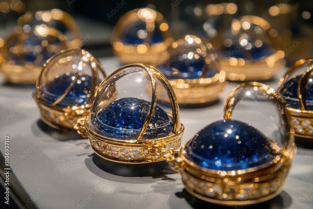 A collection of ornate golden containers with blue domes, likely used for decorative purposes. A collection of ornate golden containers with blue domes, likely used for decorative purposes.