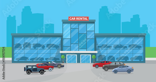 Car rental building with cars. Car showroom, dealership center. Car rental concept.